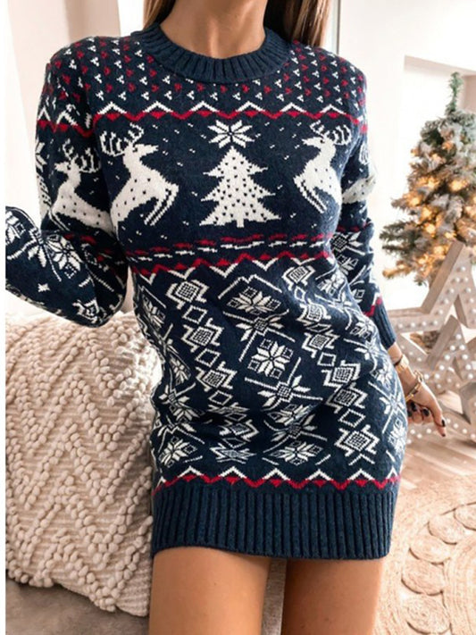 Women's Skinny Sexy Christmas Jacquard Long Sleeve Dress